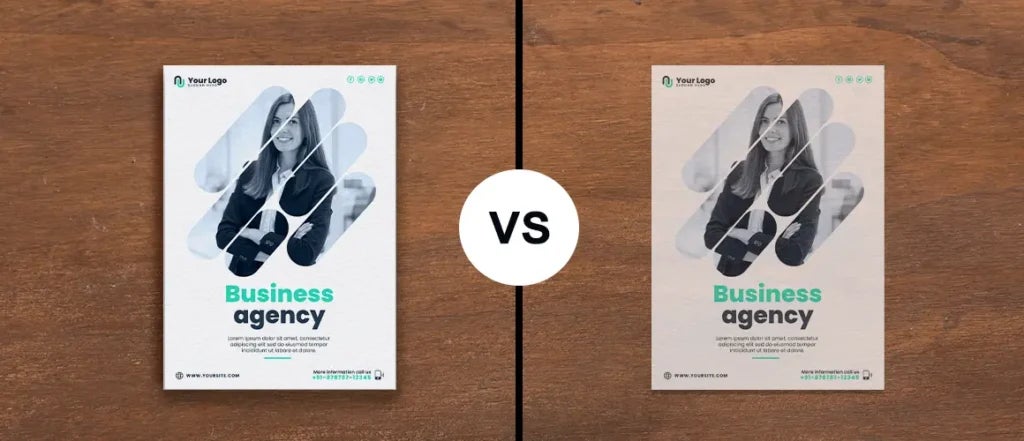 A business flyer in comparison half in light paper and half in thick paper with better color quality